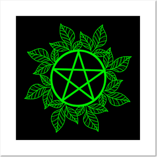 Bright Green Leafy Pentagram Posters and Art